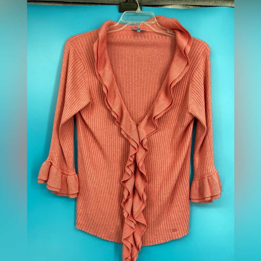 Escada Sport, sweater‎ top, ruffle, coral color, silk + cashmere, size XL